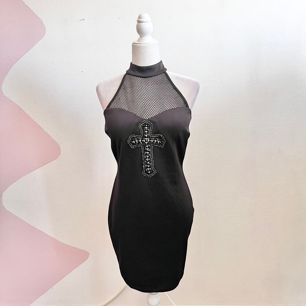 Vintage Beaded Cross Mini Dress Gothic Y2K 2000s Grunge‎ 90s Indie Sleaze Large
